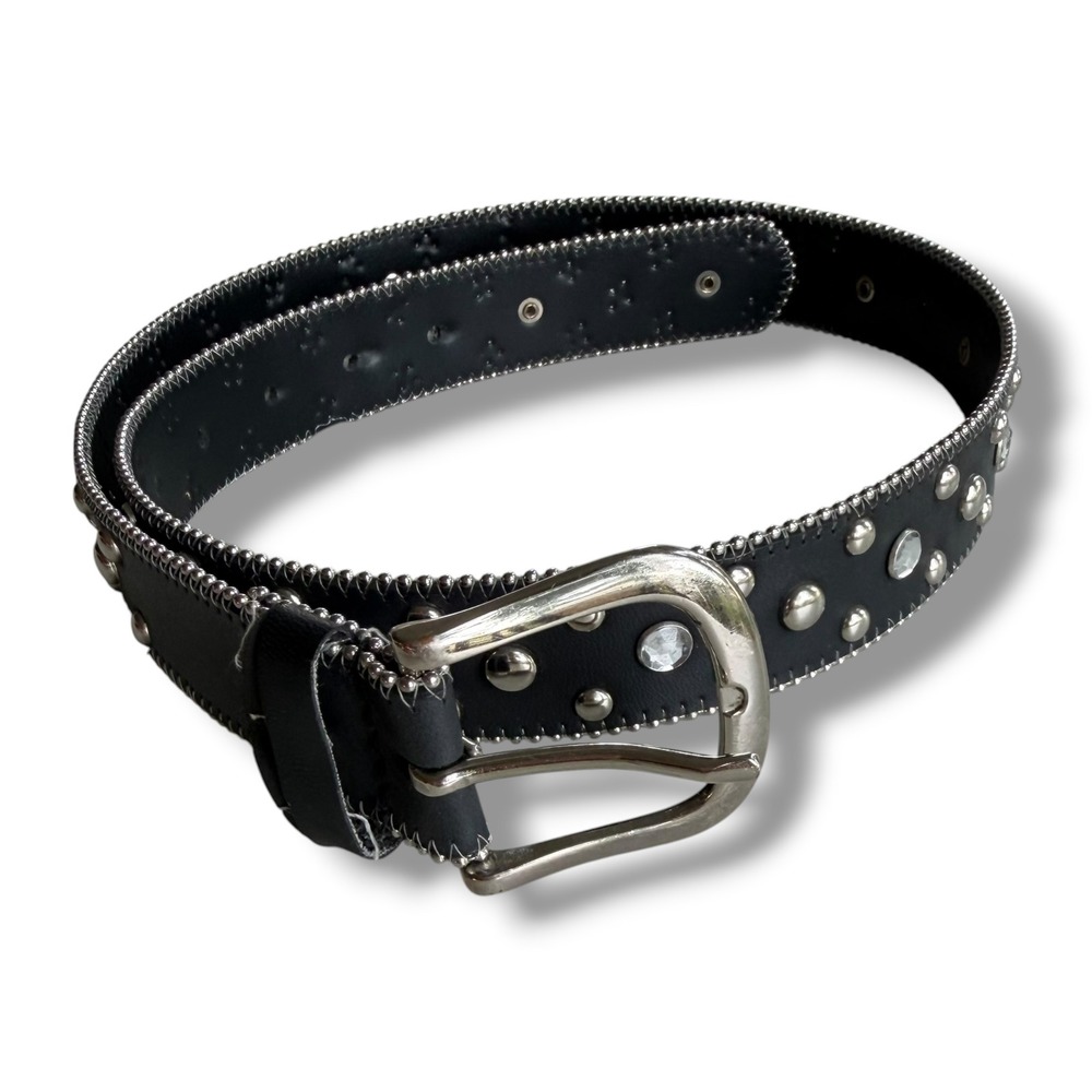 Y2K Black Studded Rhinestone PU Leather Silver Beaded Trim Size Med. Belt Grunge